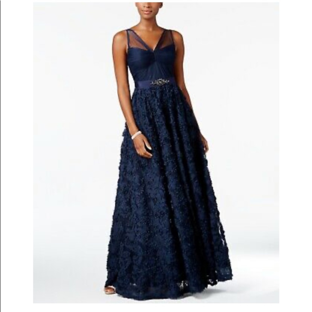 Adrianna Papell Blue Rosette Mesh-Panel Gown